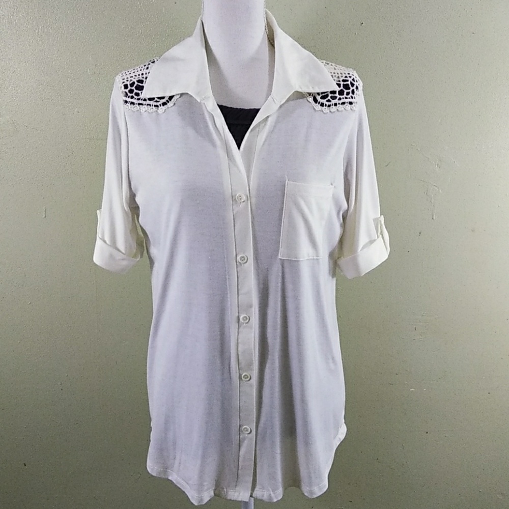 Lavish White Tunic Length Blouse with Crochet Yoke - L - NEW